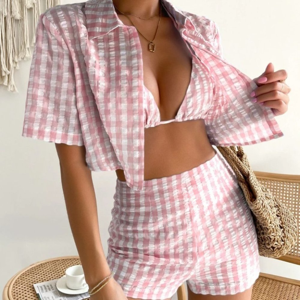 PINK 3 PIECE GINGHAM SUMMER SET STREETWEAR BEACHY VACAY - Picture 2 of 7